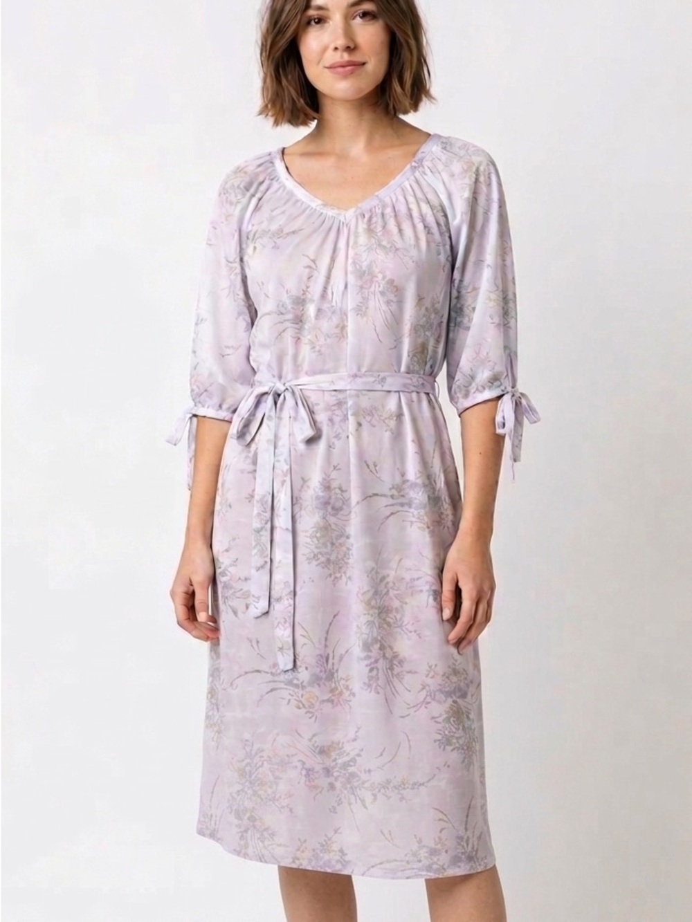 SANDY GRAY Vintage Flowy Prairie Dress Chiffon Cutout Tie Sleeves Medium / Large